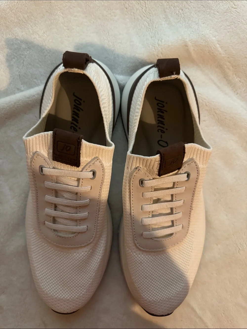 johnnie-O Cream Knit Sneakers with Brown Accents